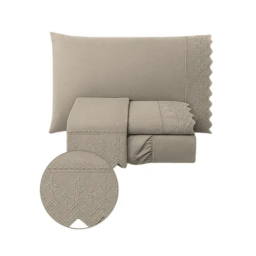 Lençol King Jogo de 3 Peças Percal 400 Fios Laise Bordado Inglês Bege Claro
