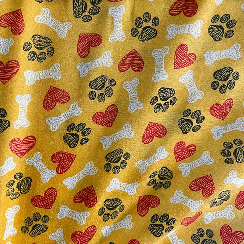 Tricoline Estampado 100% Poliéster - Pet Osso e Pata Fundo Amarelo - 1,50m de Largura