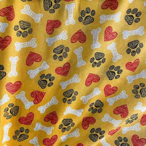 Tricoline Estampado 100% Poliéster - Pet Osso e Pata Fundo Amarelo - 1,50m de Largura