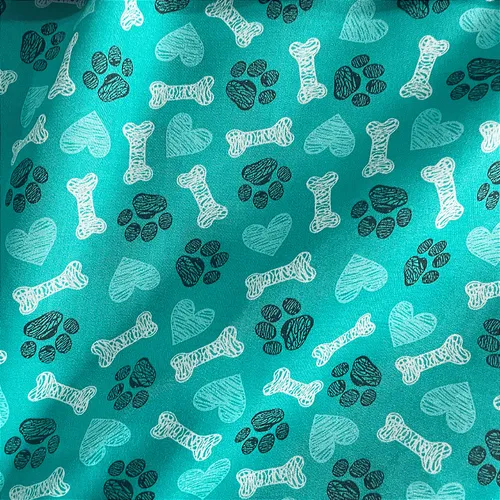 Tricoline Estampado 100% Poliéster - Pet Osso e Pata Fundo Tiffany - 1,50m de Largura
