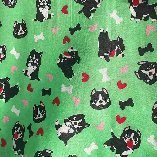 Tricoline Estampado 100% Poliéster - Pet Bulldog Fundo Verde - 1,50m de Largura