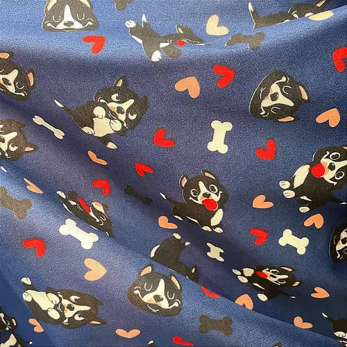 Tricoline Estampado 100% Poliéster - Pet Bulldog Fundo Azul - 1,50m de Largura