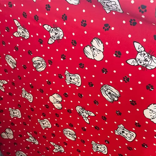 Tricoline Estampado 100% Poliéster - Pet Cão Fundo Vermelho 2 - 1,50m de Largura