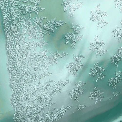 Renda Tule Bordado - Floral Verde Menta - 1,40m de Largura