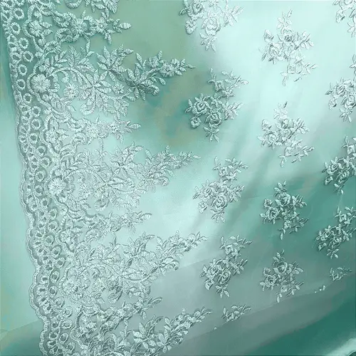 Renda Tule Bordado - Floral Verde Menta - 1,40m de Largura