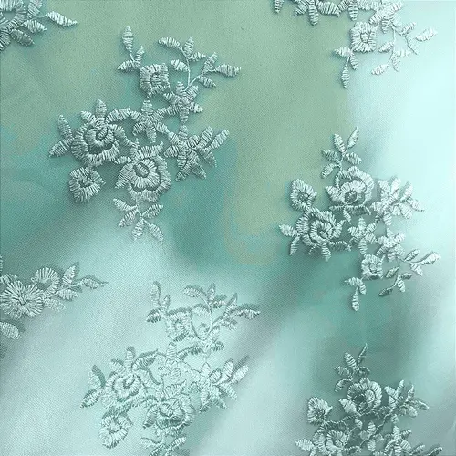 Renda Tule Bordado - Floral Verde Menta - 1,40m de Largura