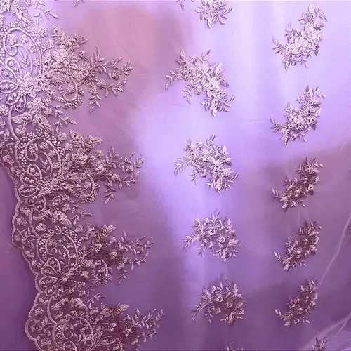 Renda Tule Bordado - Floral Lilás - 1,40m de Largura