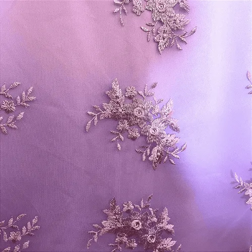 Renda Tule Bordado - Floral Lilás - 1,40m de Largura