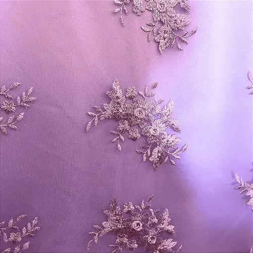 Renda Tule Bordado - Floral Lilás - 1,40m de Largura