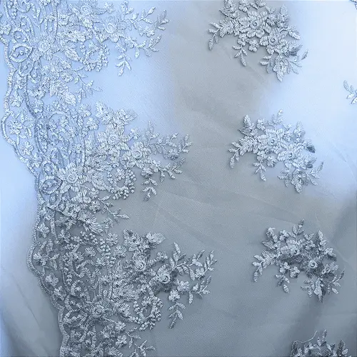 Renda Tule Bordado - Floral Azul Claro - 1,40m de Largura