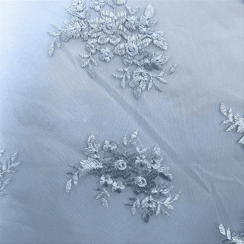 Renda Tule Bordado - Floral Azul Claro - 1,40m de Largura