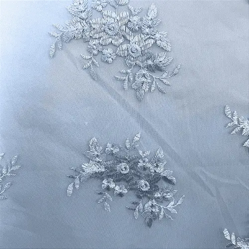 Renda Tule Bordado - Floral Azul Claro - 1,40m de Largura