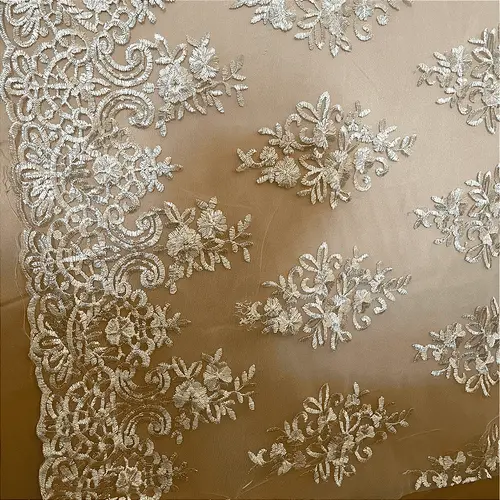 Renda Tule Bordado - Floral Bege - 1,40m de Largura