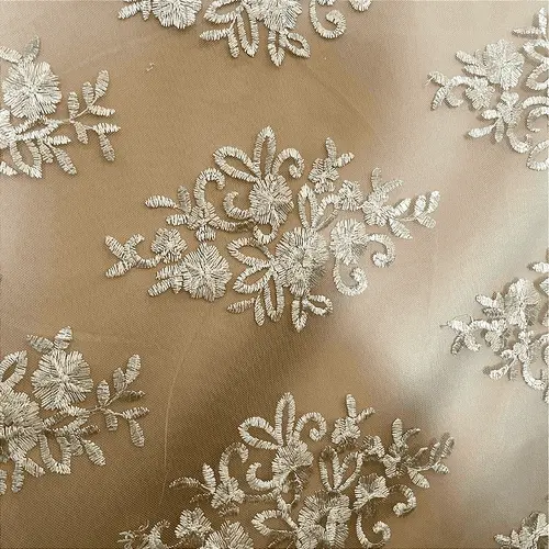 Renda Tule Bordado - Floral Bege - 1,40m de Largura