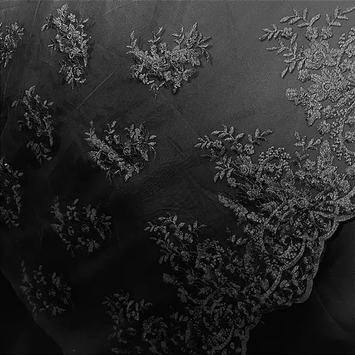Renda Tule Bordado - Floral Preto - 1,40m de Largura