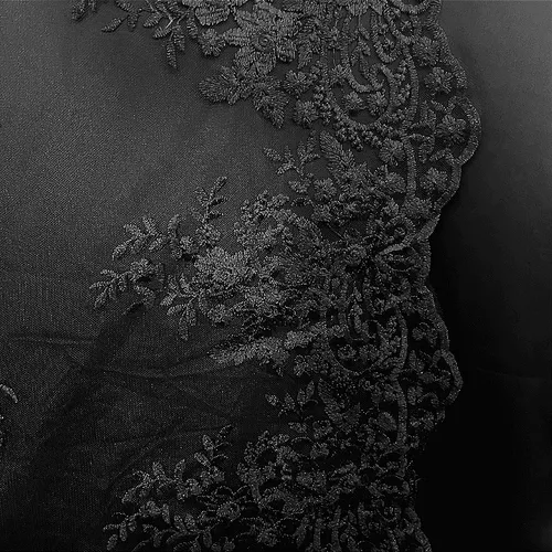 Renda Tule Bordado - Floral Preto - 1,40m de Largura