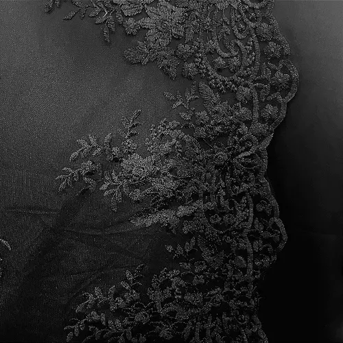 Renda Tule Bordado - Floral Preto - 1,40m de Largura