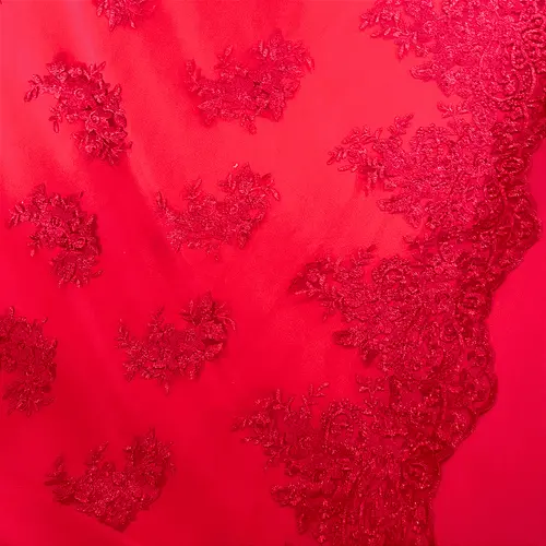 Renda Tule Bordado - Floral Vermelho - 1,40m de Largura