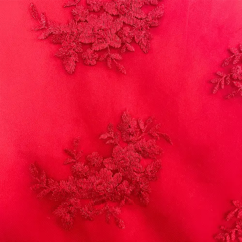 Renda Tule Bordado - Floral Vermelho - 1,40m de Largura