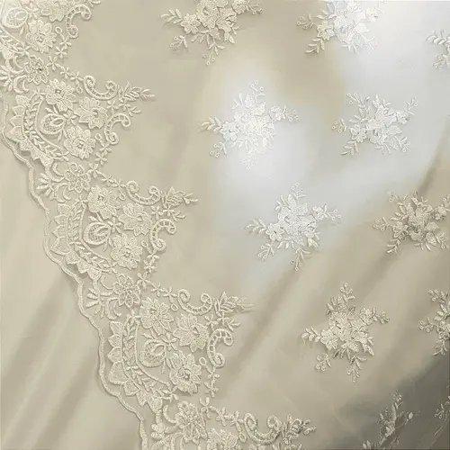 Renda Tule Bordado - Floral 2 Off White - 1,40m de Largura