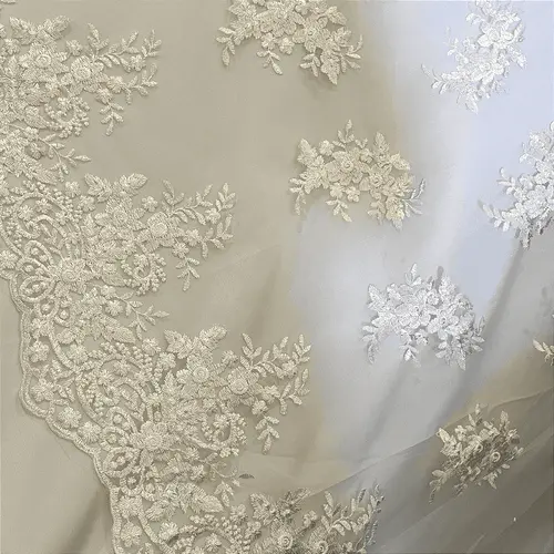 Renda Tule Bordado - Floral  Off White - 1,40m de Largura
