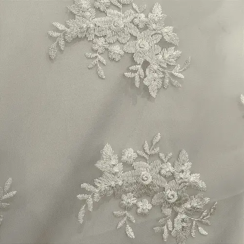 Renda Tule Bordado - Floral  Off White - 1,40m de Largura