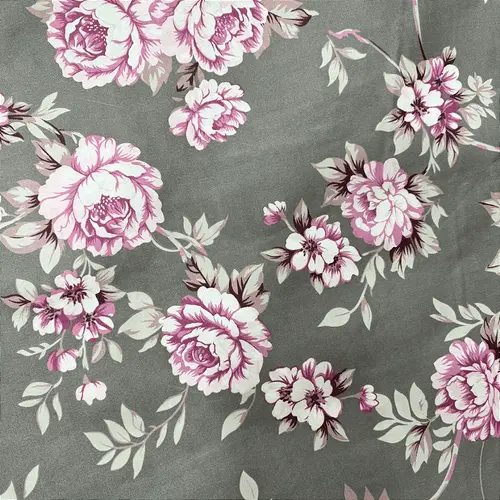 Percal 300 Fios Estampado Poliéster - Ramagem Floral Rosa Fundo Cinza - 2,50m de Largura