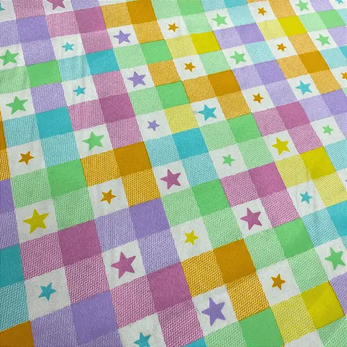 Tricoline Estampado 100% Poliéster - Xadrez Colorido Estrela - 1,50m de Largura