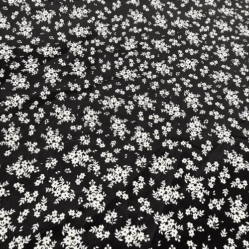 Tricoline Estampado 100% Poliéster - Ramagem Fundo Preto - 1,50m de Largura