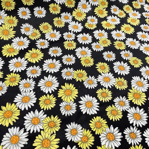 Tricoline Estampado 100% Poliéster - Margaridas Fundo Preto - 1,50m de Largura