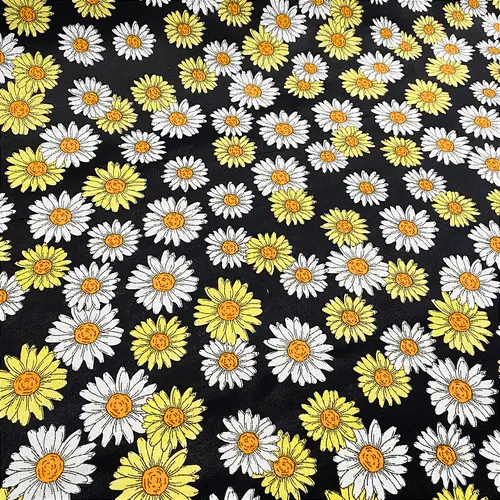 Tricoline Estampado 100% Poliéster - Margaridas Fundo Preto - 1,50m de Largura