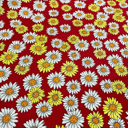 Tricoline Estampado 100% Poliéster - Margaridas Fundo Vermelho - 1,50m de Largura