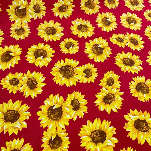 Tricoline Estampado 100% Poliéster - Girassol Fundo Vermelho - 1,50m de Largura