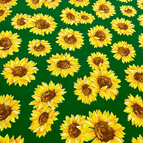 Tricoline Estampado 100% Poliéster - Girassol Fundo Verde - 1,50m de Largura
