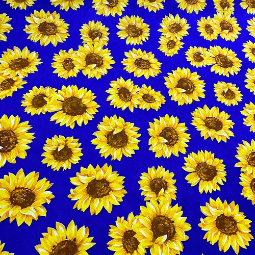 Tricoline Estampado 100% Poliéster - Girassol Fundo Azul - 1,50m de Largura