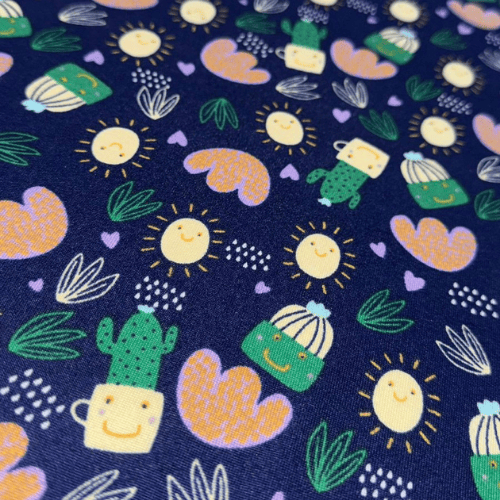 Malha Suede Pijama - Cactus Fundo Azul Marinho - 1,60m de Largura