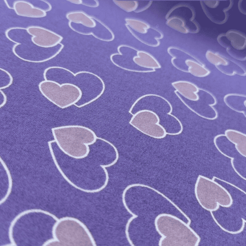 Malha Suede Pijama - Duplo Coração Fundo Roxo - 1,60m de Largura