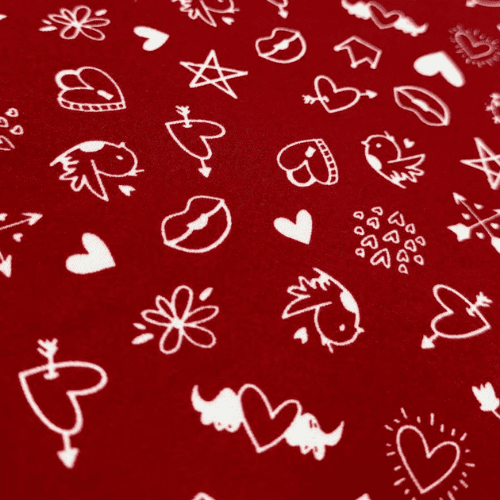 Malha Suede Pijama - Coração Amor Fundo Vermelho - 1,60m de Largura
