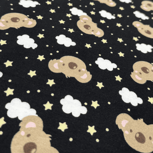 Malha Suede Pijama - Coala Fundo Preto - 1,60m de Largura