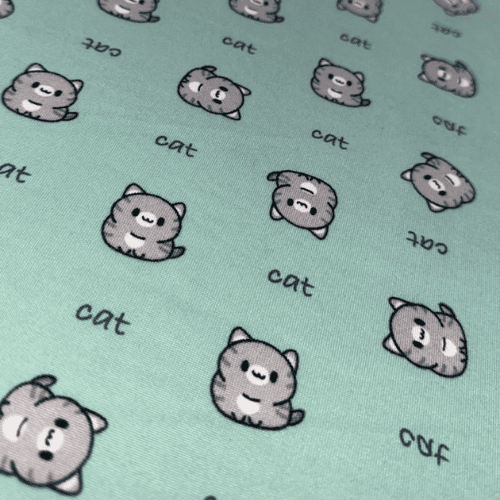 Malha Suede Pijama - Gato Fundo Verde - 1,60m de Largura
