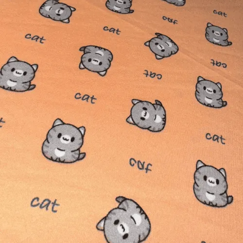 Malha Suede Pijama - Gato Fundo Laranja - 1,60m de Largura