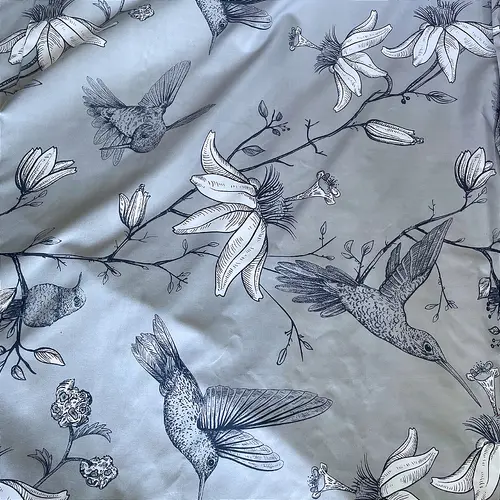 Percal 300 Fios Estampado Poliéster - Beija-flor Azul Fundo Cinza - 2,50m de Largura