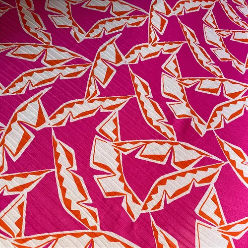 Crepe Marrocos Estampado - Folhagem Geométrica Rosa - 1,47m de Largura