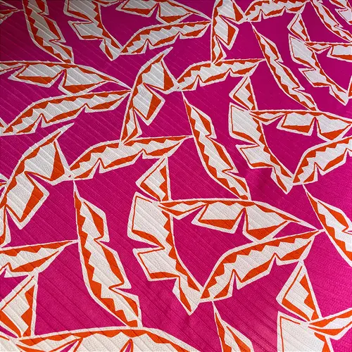Crepe Marrocos Estampado - Folhagem Geométrica Rosa - 1,47m de Largura