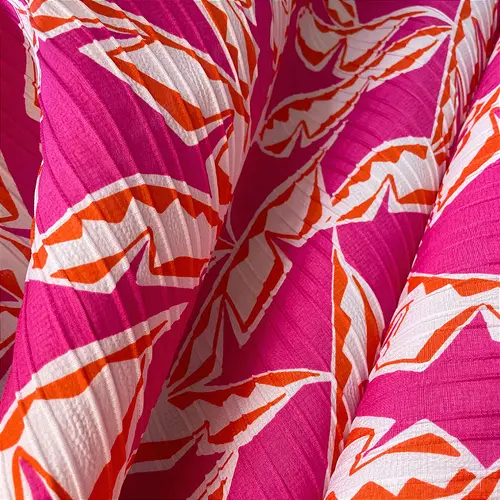 Crepe Marrocos Estampado - Folhagem Geométrica Rosa - 1,47m de Largura