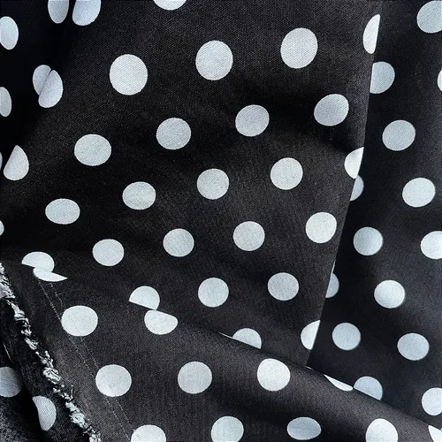 Tricoline Estampado Poliéster - Poá  Grande Branco Fundo Preto - 1,50m de Largura