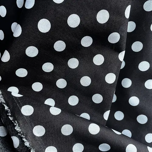 Tricoline Estampado Poliéster - Poá  Grande Branco Fundo Preto - 1,50m de Largura