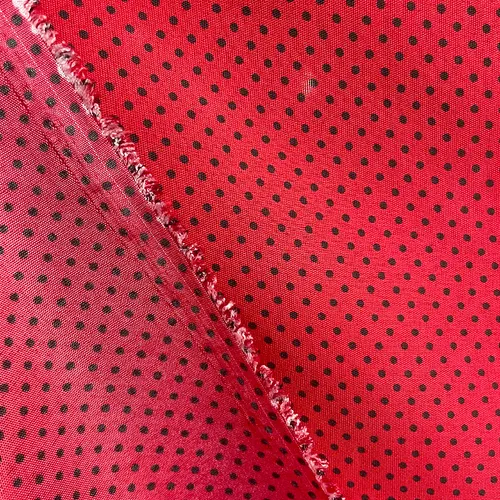Tricoline Estampado Poliéster - Poá Preto Fundo Vermelho - 1,50m de Largura