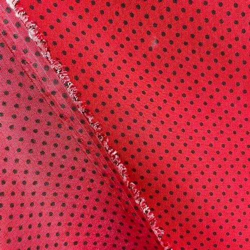 Tricoline Estampado Poliéster - Poá Preto Fundo Vermelho - 1,50m de Largura