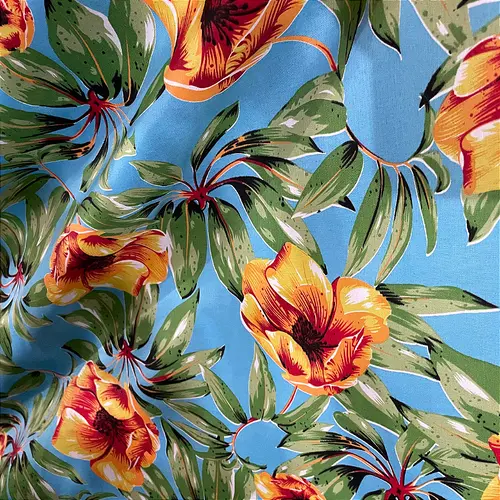 Tecido Chita Poliéster - Ramagem Floral Amarelo  Fundo Azul Claro - 1,50m de Largura